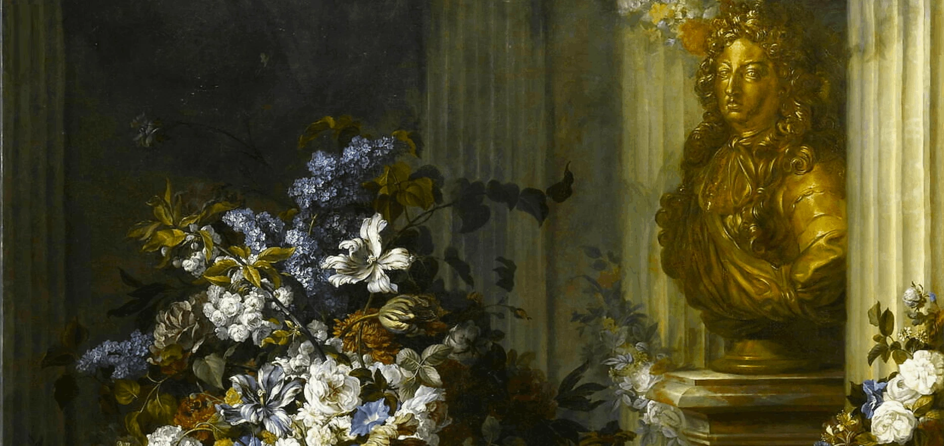 Fiori in un vaso d'oro, busto di Luigi XIV, cornucopia e armaturai - Louvre Museum , Parigi, dettaglio 1